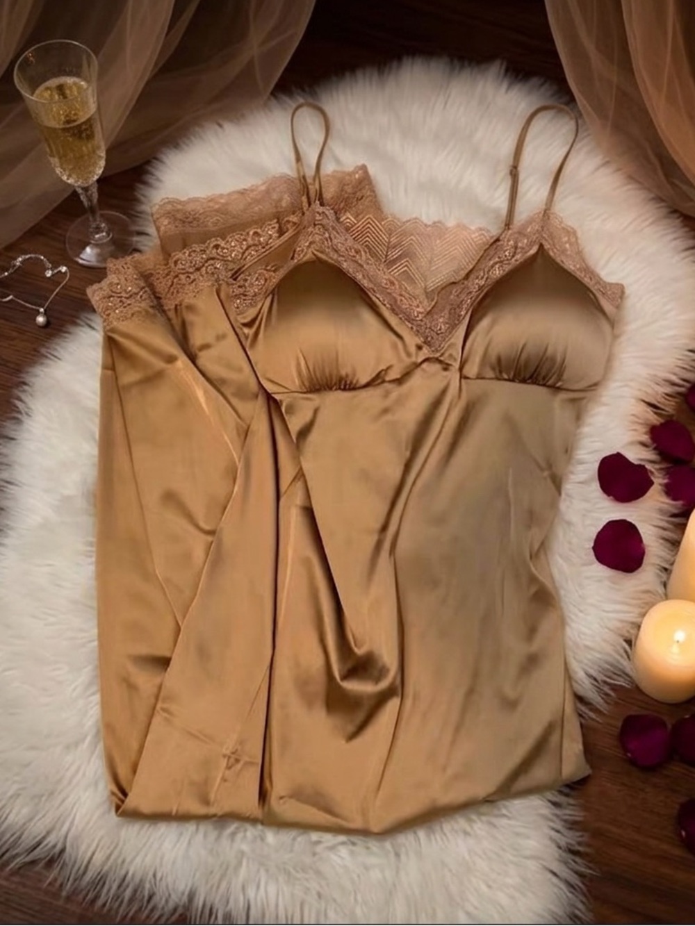 Belle Vere Notte Satin & Lace Nightgown / Chemise - Bronze Size L